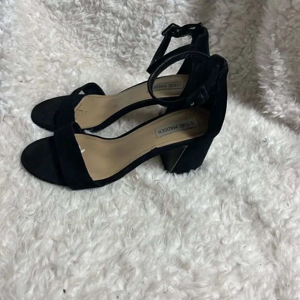 Steve Madden leather suede Black ankle strap sandals 3”block heels size …